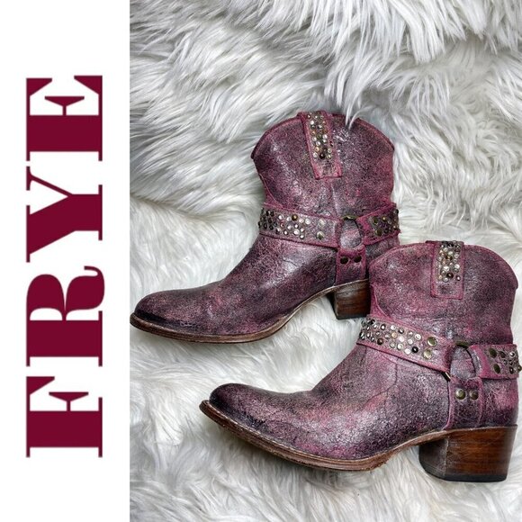 FRYE Deborah Studded Short Cowboy Western Boots Distressed Harness Pink, Size 8 - Picture 13 of 13